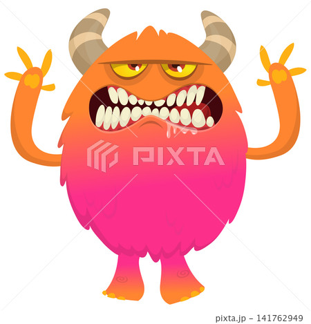 Cartoon cute and funny monster with scary face expression waving hands. Vector illustration isolated on white. For Halloween party decoration or package design Cartoon cute and funny monster with scary face expression waving hands. Vector illustration isolated on white. For Halloween party decoration or package design 141762949