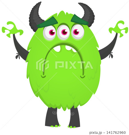 Cartoon cute and funny monster with scary face expression waving hands. Vector illustration isolated on white. For Halloween party decoration or package design Cartoon cute and funny monster with scary face expression waving hands. Vector illustration isolated on white. For Halloween party decoration or package design 141762960