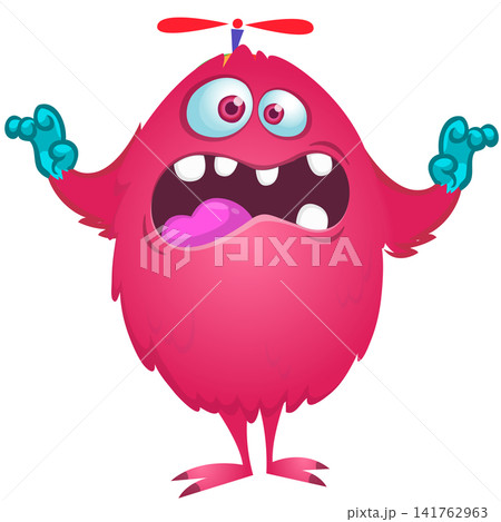 Cartoon cute and funny monster with scary face expression waving hands. Vector illustration isolated on white. For Halloween party decoration or package design 141762963