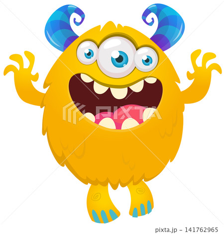 Cartoon cute and funny monster with scary face expression waving hands. Vector illustration isolated on white. For Halloween party decoration or package design Cartoon cute and funny monster with scary face expression waving hands. Vector illustration isolated on white. For Halloween party decoration or package design 141762965