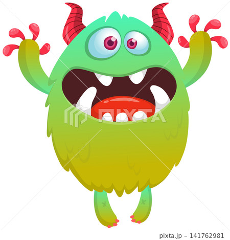 Cartoon cute and funny monster with scary face expression waving hands. Vector illustration isolated on white. For Halloween party decoration or package design Cartoon cute and funny monster with scary face expression waving hands. Vector illustration isolated on white. For Halloween party decoration or package design 141762981