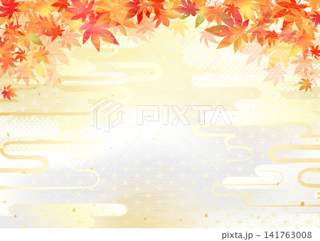 鮮やかなグラデーションの紅葉と和柄背景イラスト 鮮やかなグラデーションの紅葉と和柄背景イラスト 141763008