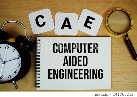 CAE Computer Aided Engineering text written on notepad with magnifying glass and alarm clock on wooden background CAE Computer Aided Engineering text written on notepad with magnifying glass and alarm clock on wooden background 141763212