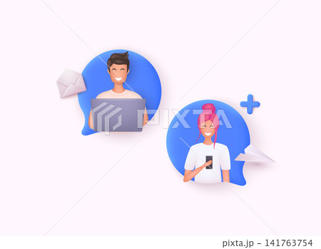 Man, woman couple chatting, Messaging using chat app or social network. Two persons cellphone conversation sending messages. 3D Web Vector Illustrations. Man, woman couple chatting, Messaging using chat app or social network. Two persons cellphone conversation sending messages. 3D Web Vector Illustrations. 141763754
