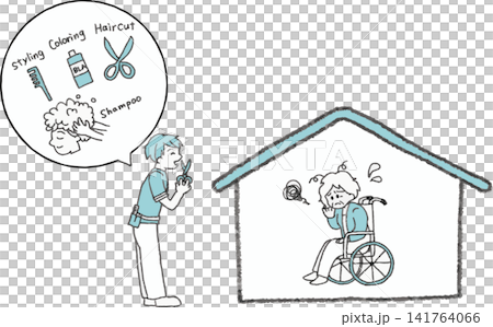Illustrated explanation of mobile hairdressing services (elderly woman in a wheelchair, haircut, color, shampoo, and styling) Illustrated explanation of mobile hairdressing services (elderly woman in a wheelchair, haircut, color, shampoo, and styling) 141764066
