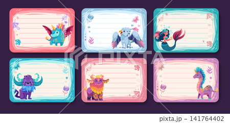 Cute monster frame for school name tags and memo cards. Kawaii cartoon border template perfect for kids stationery, labels, and journal pages with playful design elements. Vector children illustration Cute monster frame for school name tags and memo cards. Kawaii cartoon border template perfect for kids stationery, labels, and journal pages with playful design elements. Vector children illustration 141764402