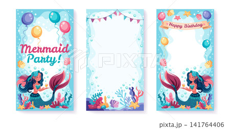 Cute mermaid birthday party invitation with sea creatures, shells, and pastel underwater elements for kids celebration cards and festive mermaid themed designs. 141764406