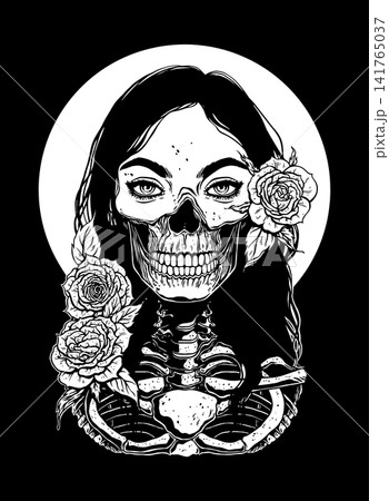 Skull girl with roses and hair in a circular frame 141765037