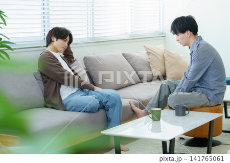 ソファに座って話をする落ち込んだ若い日本人男性 141765061
