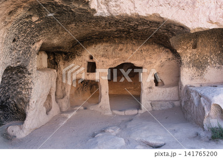 Ancient rock-cut cave dwelling interior at Zelve Open Air Museum, Cappadocia, Turkey 141765200