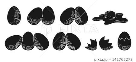 Egg icon set silhouette solid easter eggs fried egg doodle cracked eggshell broken cartoon symbols Egg icon set silhouette solid easter eggs fried egg doodle cracked eggshell broken cartoon symbols 141765278