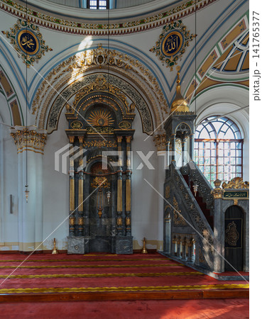 Aziziye Mosque interior with mihrab, minbar, and intricate Ottoman era Islamic calligraphy, Konya Turkey 141765377