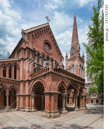 Historic red brick architecture of the Holy Trinity Church in Shanghai China 141765395