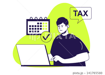 Tax declaration modern flat concept for web banner design. Man calculating earnings, planning taxation payments with calendar and paying financial bill. Illustration with isolated people scene. 141765580