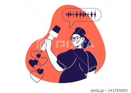 Podcast modern flat concept for web banner design. Woman talking in microphone at studio and broadcasting, speaker making live streaming from studio. Illustration with isolated people scene. Podcast modern flat concept for web banner design. Woman talking in microphone at studio and broadcasting, speaker making live streaming from studio. Illustration with isolated people scene. 141765605