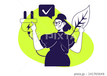 ESG sustainable modern flat concept for web banner design. Woman doing responsibility business with circular economy, green energy and waste recycling. Illustration with isolated people scene. 141765649