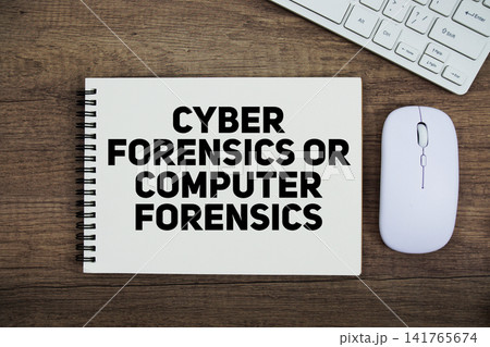 Cyber Forensics or Computer Forensics message with keyboard and optical mouse on wooden background 141765674