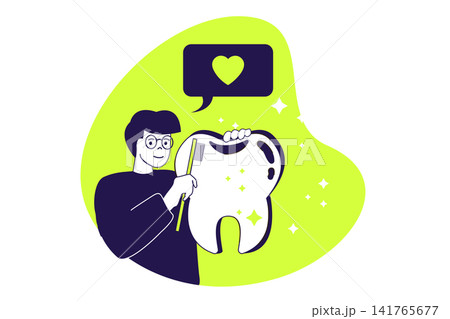 Dental care modern flat concept for web banner design. Man making oral hygiene procedure, washing with toothbrush or making tooth whitening procedure. Illustration with isolated people scene. 141765677