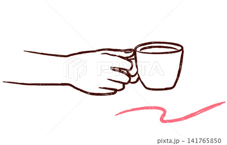 コーヒーカップを持つ手 クレヨン手描き風 141765850
