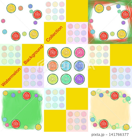 カラフルな輪切りスイカの背景素材コレクション 手描き風デザインセット 141766377