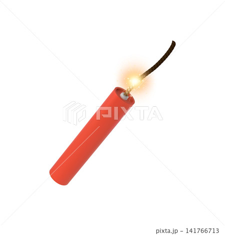 A 3D red dynamite stick with a burning fuse and bright sparks on a white background. A 3D red dynamite stick with a burning fuse and bright sparks on a white background. 141766713