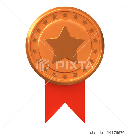 Golden round medal with red ribbon, 3D vector realistic winner award badge with stars, competition achievement trophy Golden round medal with red ribbon, 3D vector realistic winner award badge with stars, competition achievement trophy 141766764
