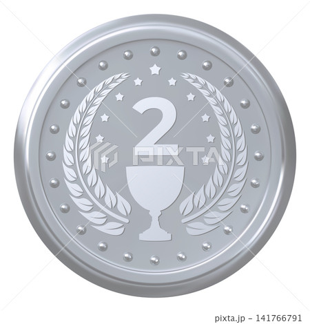 A silver round medal with a cup, the number two above, in a laurel wreath, and stars. 141766791