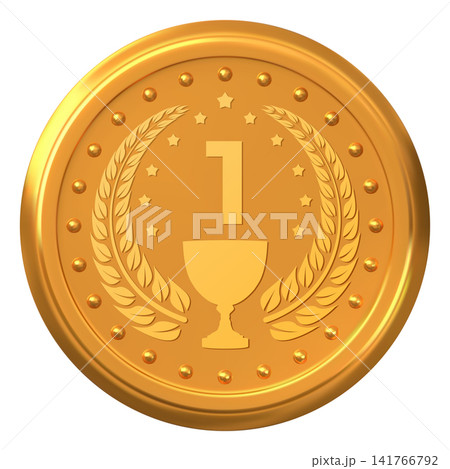 Golden champion round medal, 3D vector realistic medallion, winner award badge first place, trophy cup and laurel wreath Golden champion round medal, 3D vector realistic medallion, winner award badge first place, trophy cup and laurel wreath 141766792