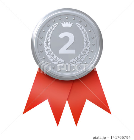 Silver round medal with red ribbon 3D vector realistic trophy, winner award badge second place, crown and laurel wreath 141766794