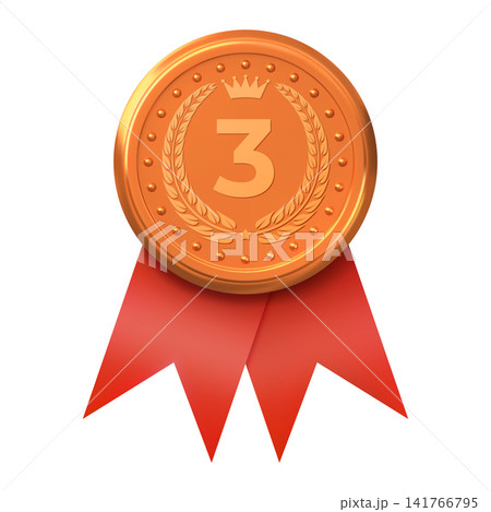 A round bronze medal with the number three, framed by a laurel leaf, a crown, a red ribbon below. A round bronze medal with the number three, framed by a laurel leaf, a crown, a red ribbon below. 141766795