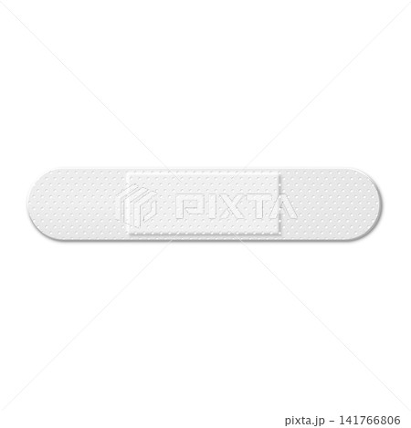 A white, rectangular medical adhesive bandage with rounded edges and a perforated texture. A white, rectangular medical adhesive bandage with rounded edges and a perforated texture. 141766806