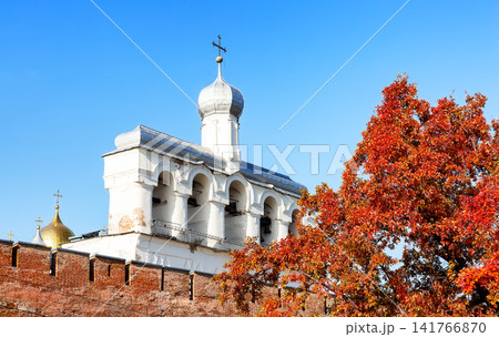 Sophia Belfry of Veliky Novgorod Kremlin in autumn colors in Veliky Novgorod, Russia 141766870
