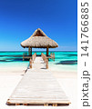 Luxury tropical beach scene at Cap Cana in the Dominican Republic featuring a wooden pier, turquoise Caribbean Sea and traditional gazebo. 141766885