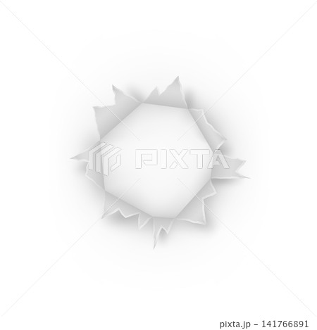 A white sheet of paper with a torn, through-and-through bullet hole, with jagged, sharp edges A white sheet of paper with a torn, through-and-through bullet hole, with jagged, sharp edges 141766891