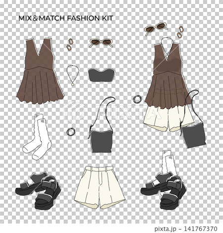 Dress-up fashion kit: Illustration of a casual adult outfit featuring a sheer peplum blouse and shorts. Dress-up fashion kit: Illustration of a casual adult outfit featuring a sheer peplum blouse and shorts. 141767370