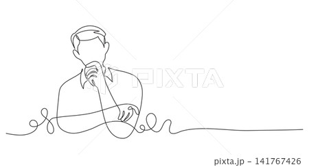Continuous line drawing of thoughtful man in thinking pose Continuous line drawing of thoughtful man in thinking pose 141767426