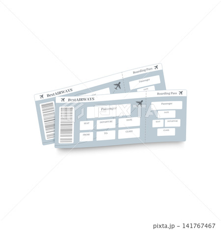 Airplane tickets, realistic two boarding pass ticket gray and white vector template, Best Airways flight seat coupon Airplane tickets, realistic two boarding pass ticket gray and white vector template, Best Airways flight seat coupon 141767467
