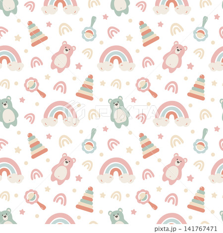 Seamless pattern with cute teddy bears, baby toy, a rainbow. Colorful wallpaper for a children bedroom, baby shower, newborn products, nursery decor for kids. Decorative design with soft pastel color 141767471