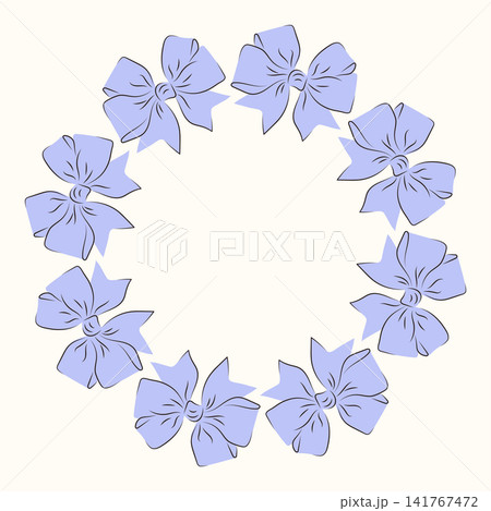 Circular wreath made of blue ribbon bows. Decorative frame element for holiday greeting card and festive invitation. Creative design component with copy space for gift announcement. 141767472