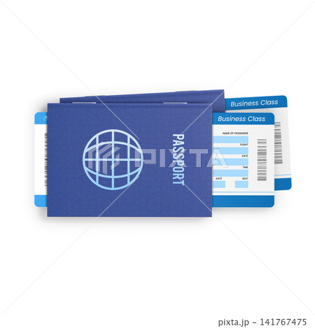 Two foreign blue passports with blank airline ticket forms with barcodes inside. Two foreign blue passports with blank airline ticket forms with barcodes inside. 141767475