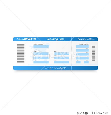 Airplane ticket, realistic boarding pass ticket blue and white template, Best Airways flight seat coupon business class Airplane ticket, realistic boarding pass ticket blue and white template, Best Airways flight seat coupon business class 141767476