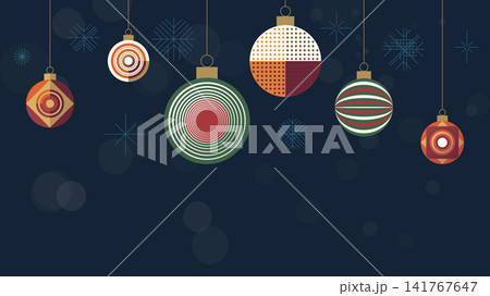 Abstract geometric Christmas balls and snowflakes modern retro style on soft bokeh navy blue background have blank space. Abstract geometric Christmas balls and snowflakes modern retro style on soft bokeh navy blue background have blank space. 141767647
