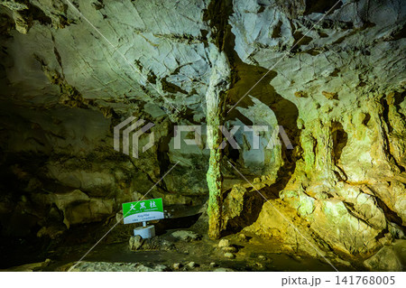 秋の観光 特別天然記念物・秋芳洞のライトアップされた巨大な大黒柱の風景 141768005