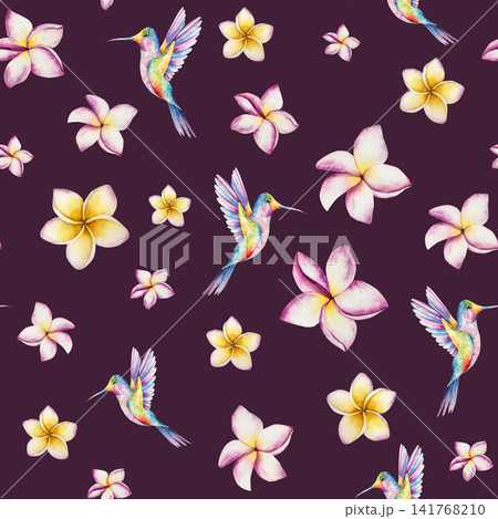 Seamless pattern with blooming frangipani flowers and hummingbirds. Watercolor hand drawn tropical plumeria plant. Isolated botanical illustration on transparent background. Perfect for tropical desig Seamless pattern with blooming frangipani flowers and hummingbirds. Watercolor hand drawn tropical plumeria plant. Isolated botanical illustration on transparent background. Perfect for tropical desig 141768210