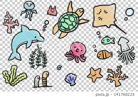 Hand-drawn sea creature set: Cute watercolor-style illustrations of marine life. Hand-drawn sea creature set: Cute watercolor-style illustrations of marine life. 141768228