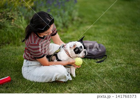 Japanese woman petting French bulldog in park on grass Japanese woman petting French bulldog in park on grass 141768373