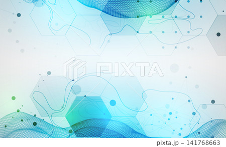 Abstract technology background with blue wireframe wave and hexagons. Vector Abstract technology background with blue wireframe wave and hexagons. Vector 141768663