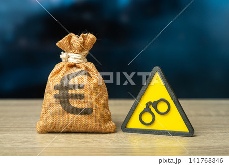Euro money bag and the arrest symbol. Restrictions on financial transactions. Bail. Account freezing, seizure of financial assets related to an investigation. Euro money bag and the arrest symbol. Restrictions on financial transactions. Bail. Account freezing, seizure of financial assets related to an investigation. 141768846