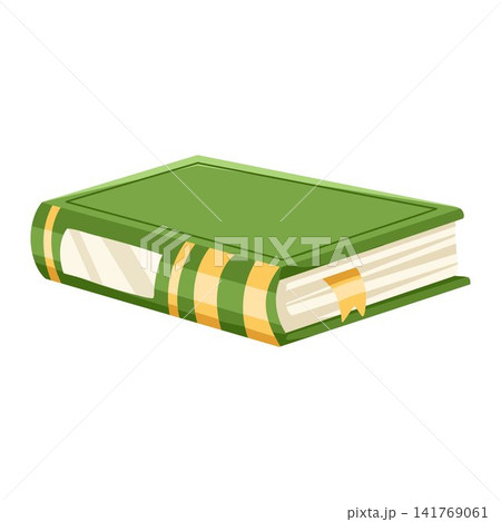 Book cartoon hand drawn vector illustration with green hardcover and bookmark ribbon. Classic education symbol perfect for school posters, library decor and learning materials 141769061