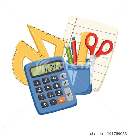 School supplies composition with calculator, rulers, scissors, pencils and notebook paper. Educational vector illustration for mathematics, classroom and study design. 141769088